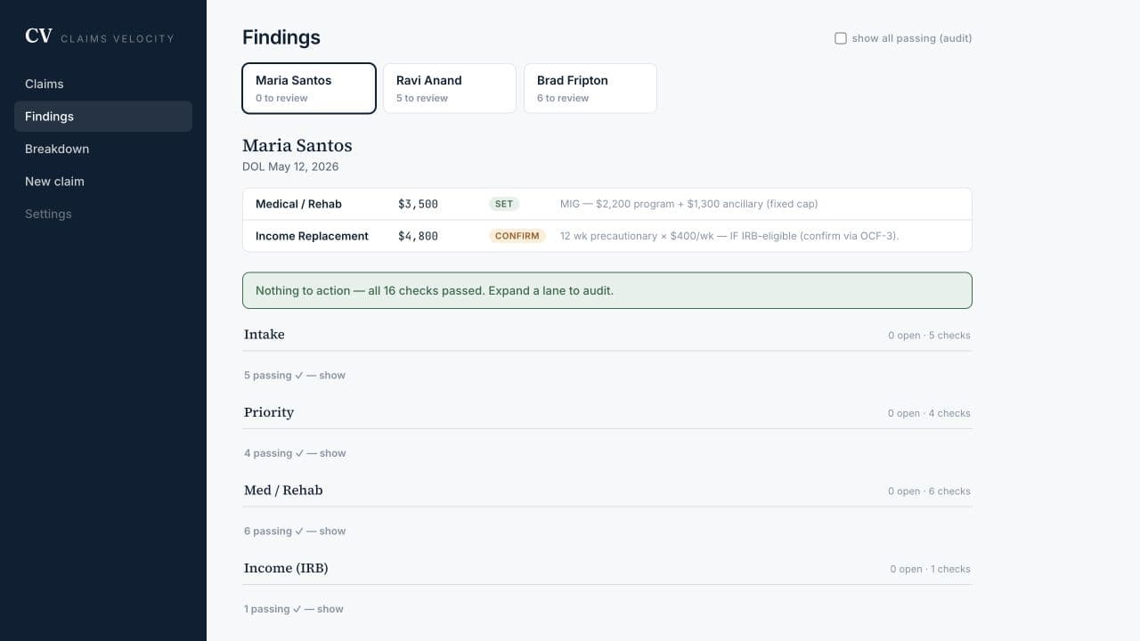 Claims Velocity Accident Benefits Engine showing findings and correspondence for adjuster review